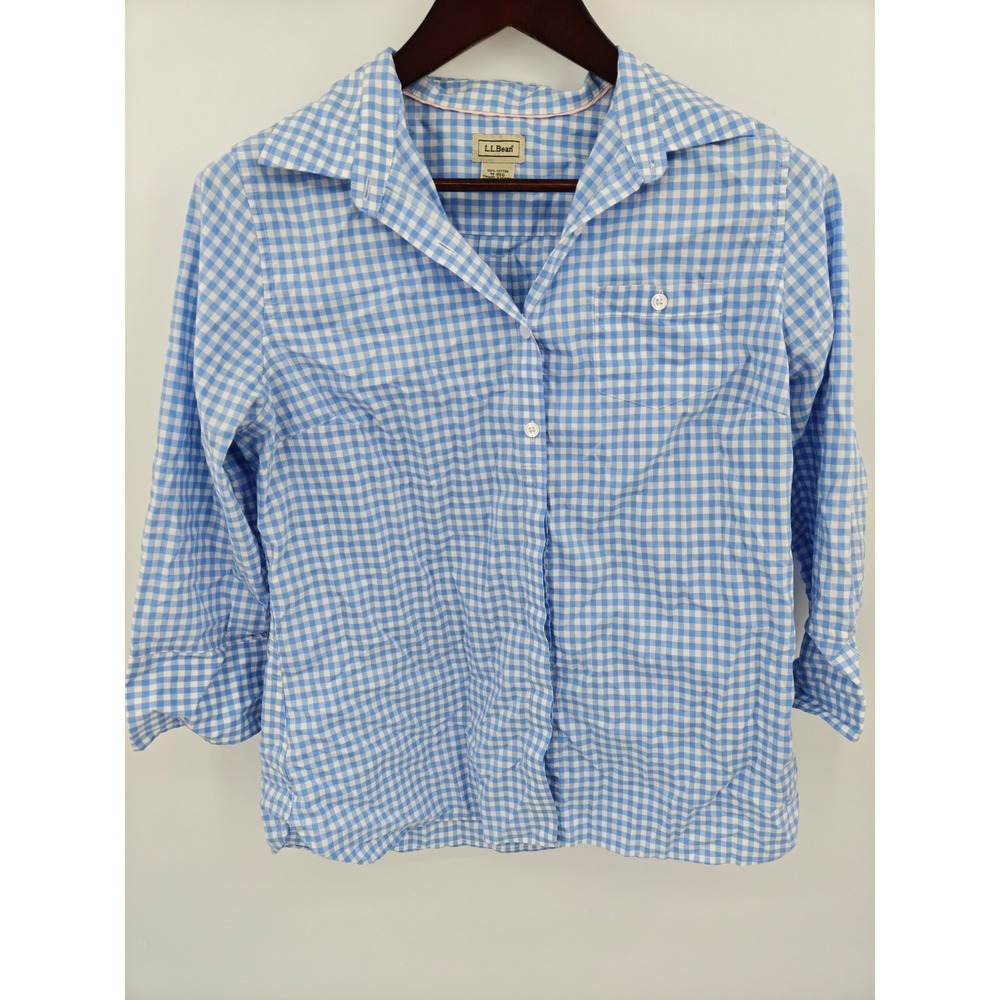 LL Bean Womens Blue White Gingham Cotton 3/4 Sleeve Button Down Shirt M 275553